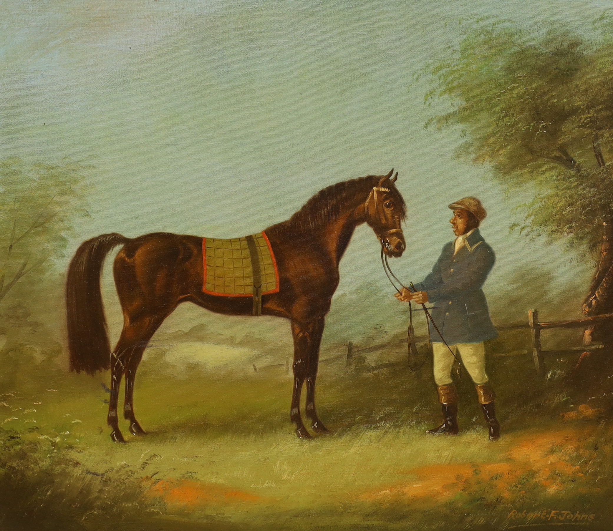 Robert F. Johns, pair of oils on canvas, Studies of racehorses and grooms wearing 19th century dress, 61 x 51cm, unframed